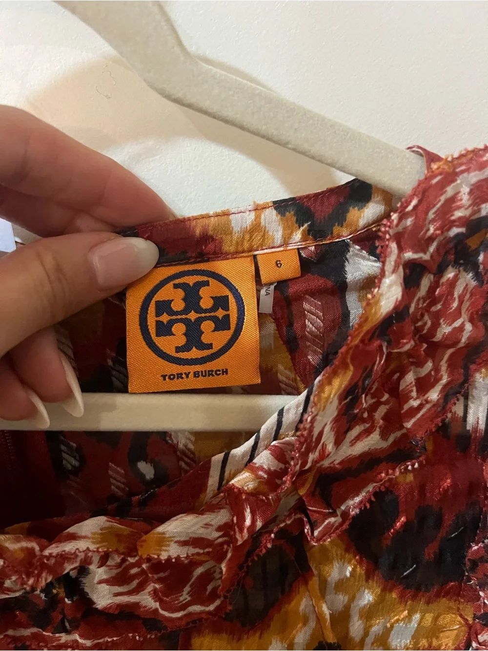 Tory Burch Rust and Brown Ikat-Print Ruffled Neck Blouse
